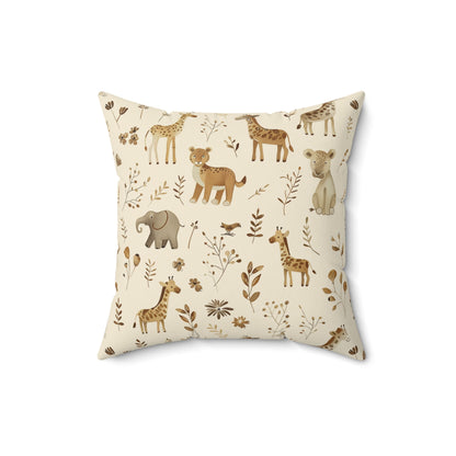 Faux suede nursery pillow with tan giraffes and elephants