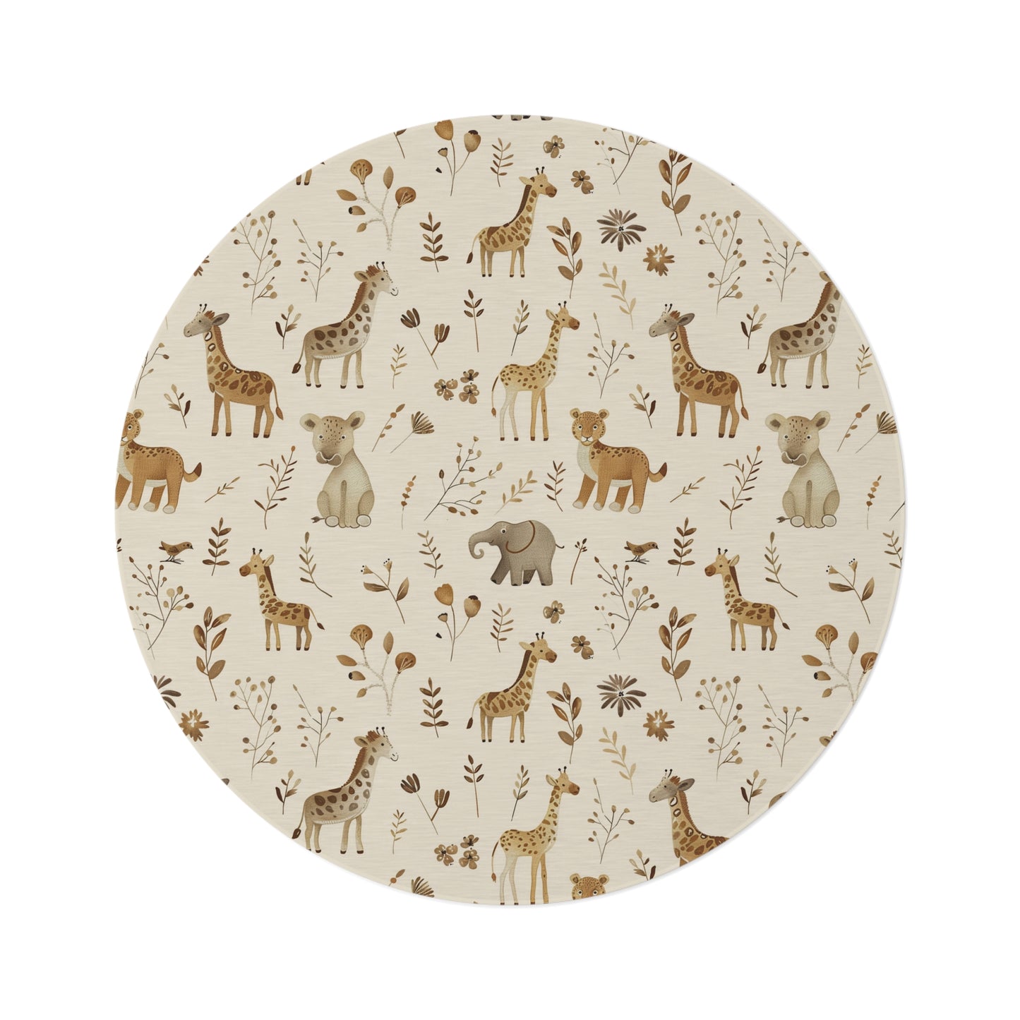 Golden Savanna round nursery rug on a baby room floor