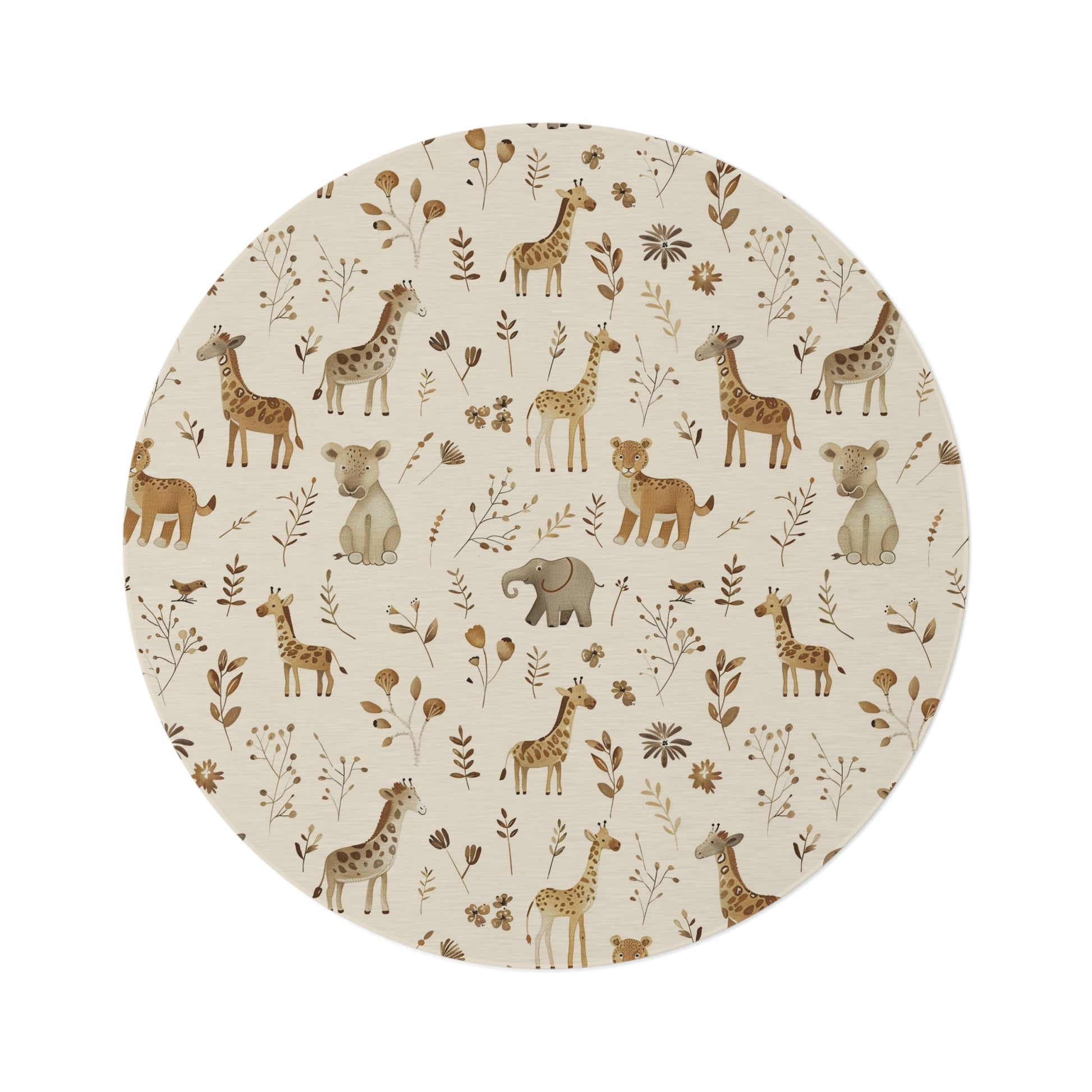 Golden Savanna round nursery rug on a baby room floor