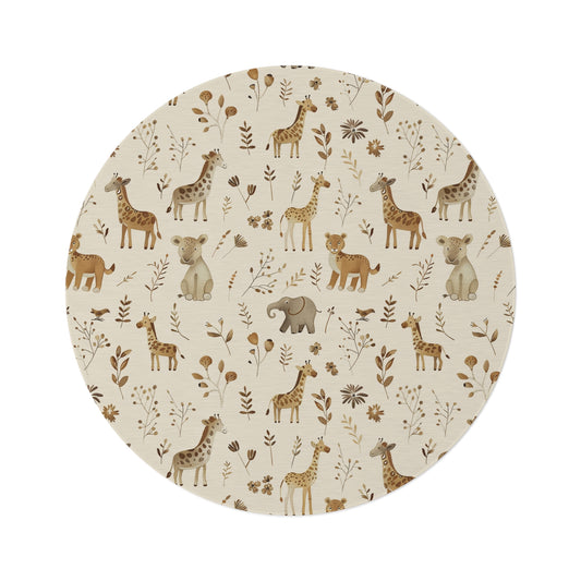 Golden Savanna round nursery rug on a baby room floor