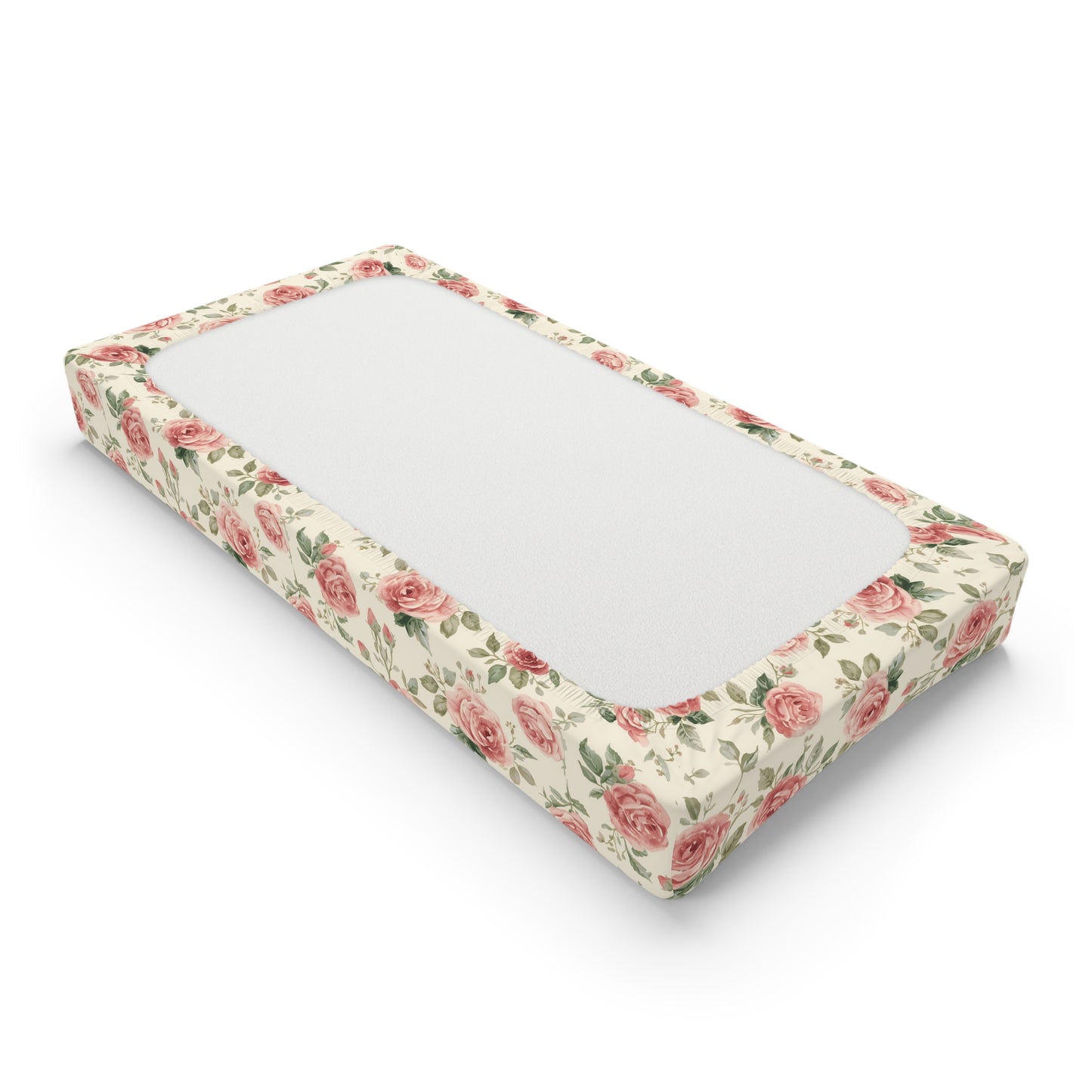 Changing pad cover with painted roses and sage foliage on cream