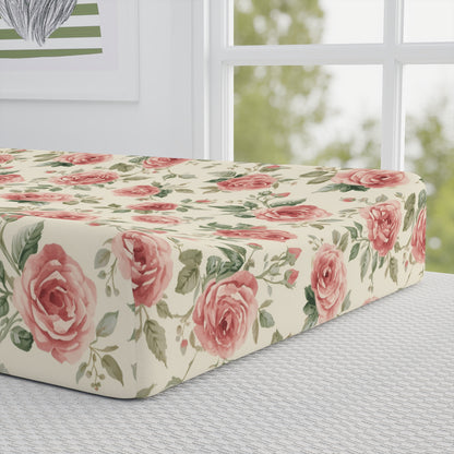 Close detail of the Heirloom Roses print on the changing pad cover