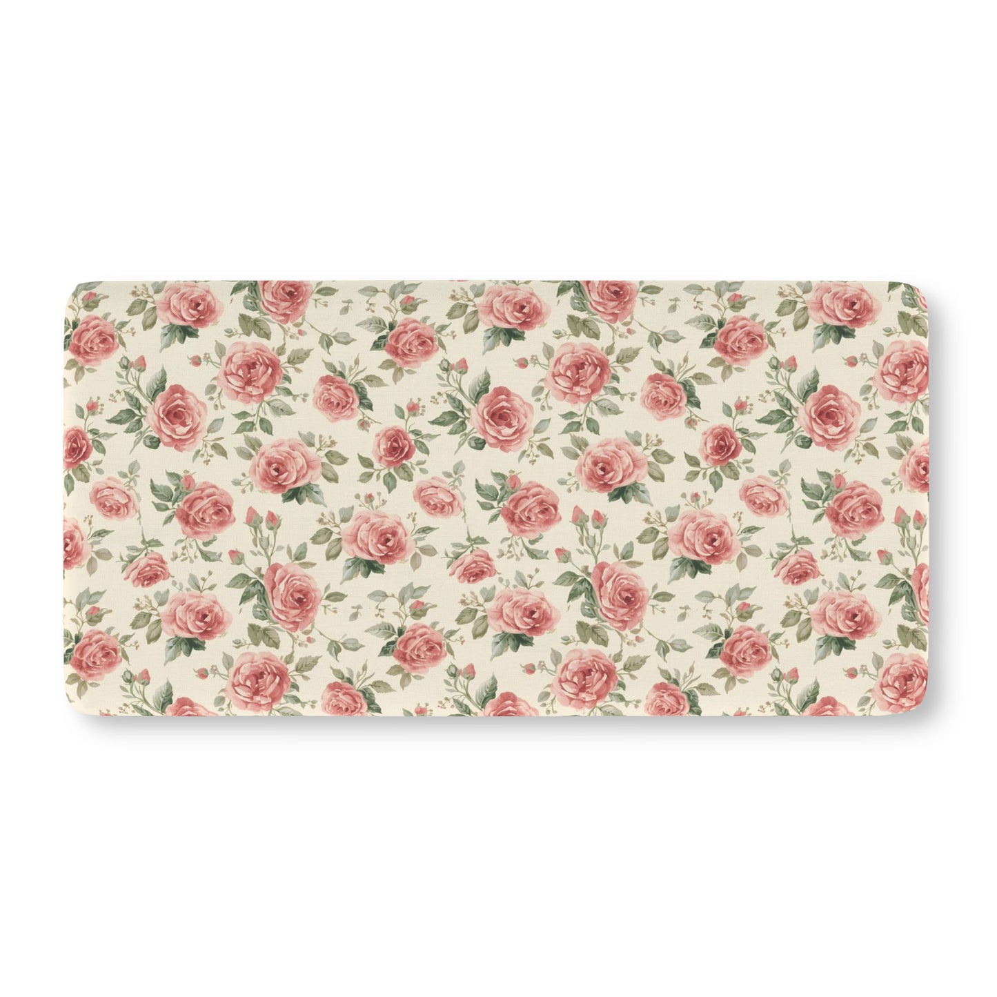 Fitted crib sheet with pink cabbage roses and sage leaves