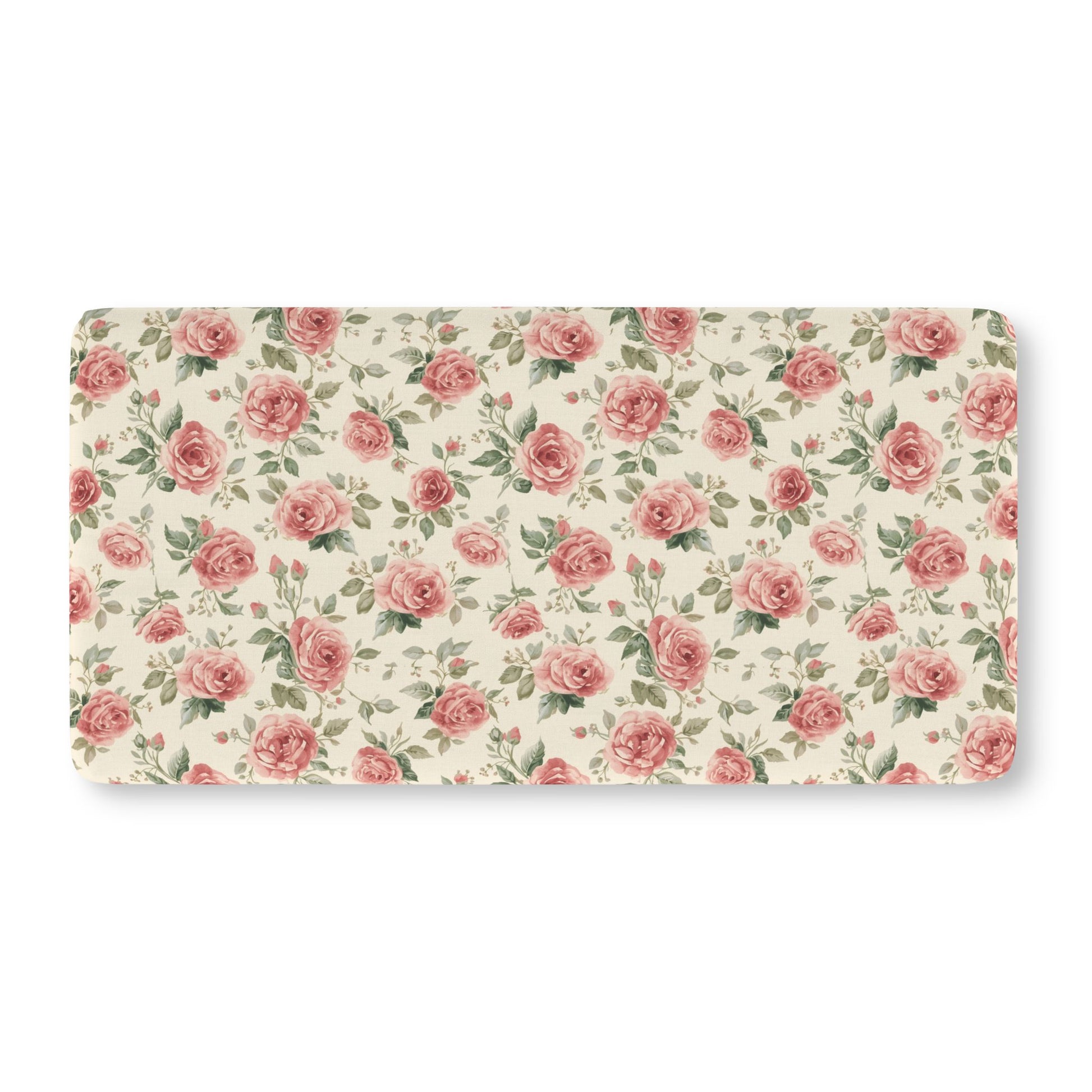 Fitted crib sheet with pink cabbage roses and sage leaves