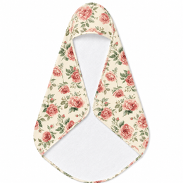 Heirloom Roses hooded baby towel wrapped around a baby