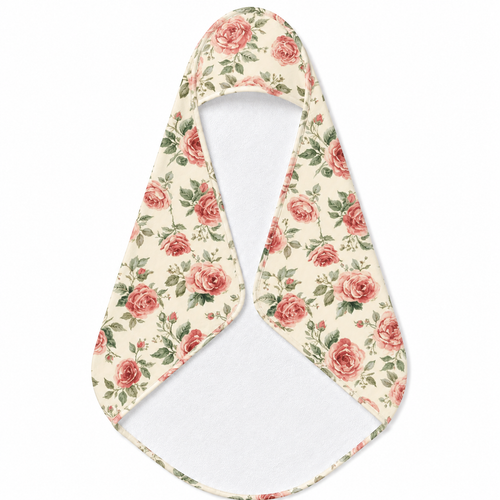 Heirloom Roses hooded baby towel wrapped around a baby