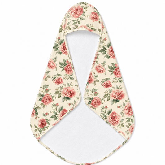 Heirloom Roses hooded baby towel wrapped around a baby