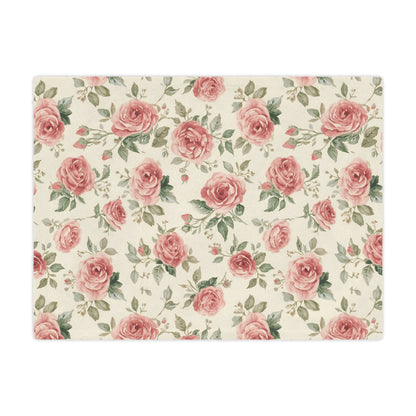 Close detail of a painted cabbage rose on the minky blanket