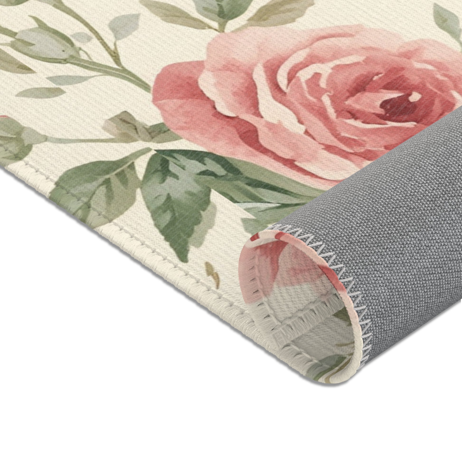 Corner detail of the Heirloom Roses nursery area rug
