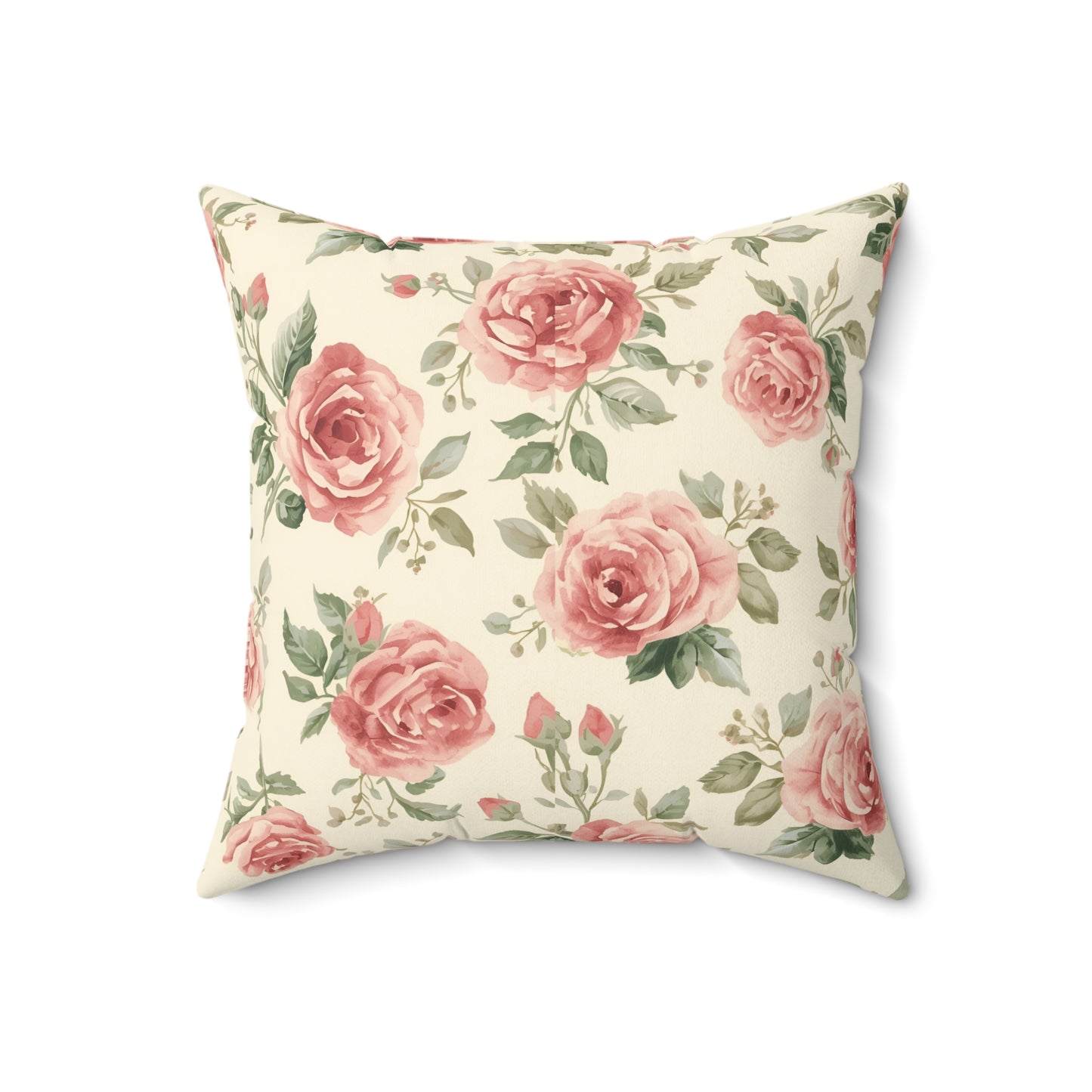 Close detail of the rose and foliage print on the faux suede pillow