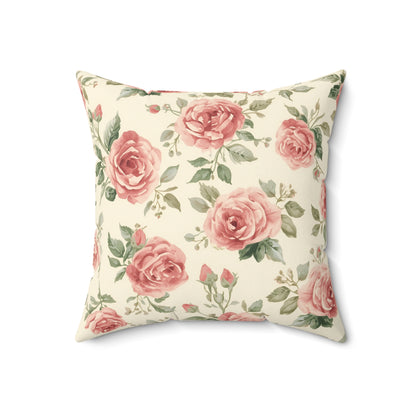 Close detail of the rose and foliage print on the faux suede pillow