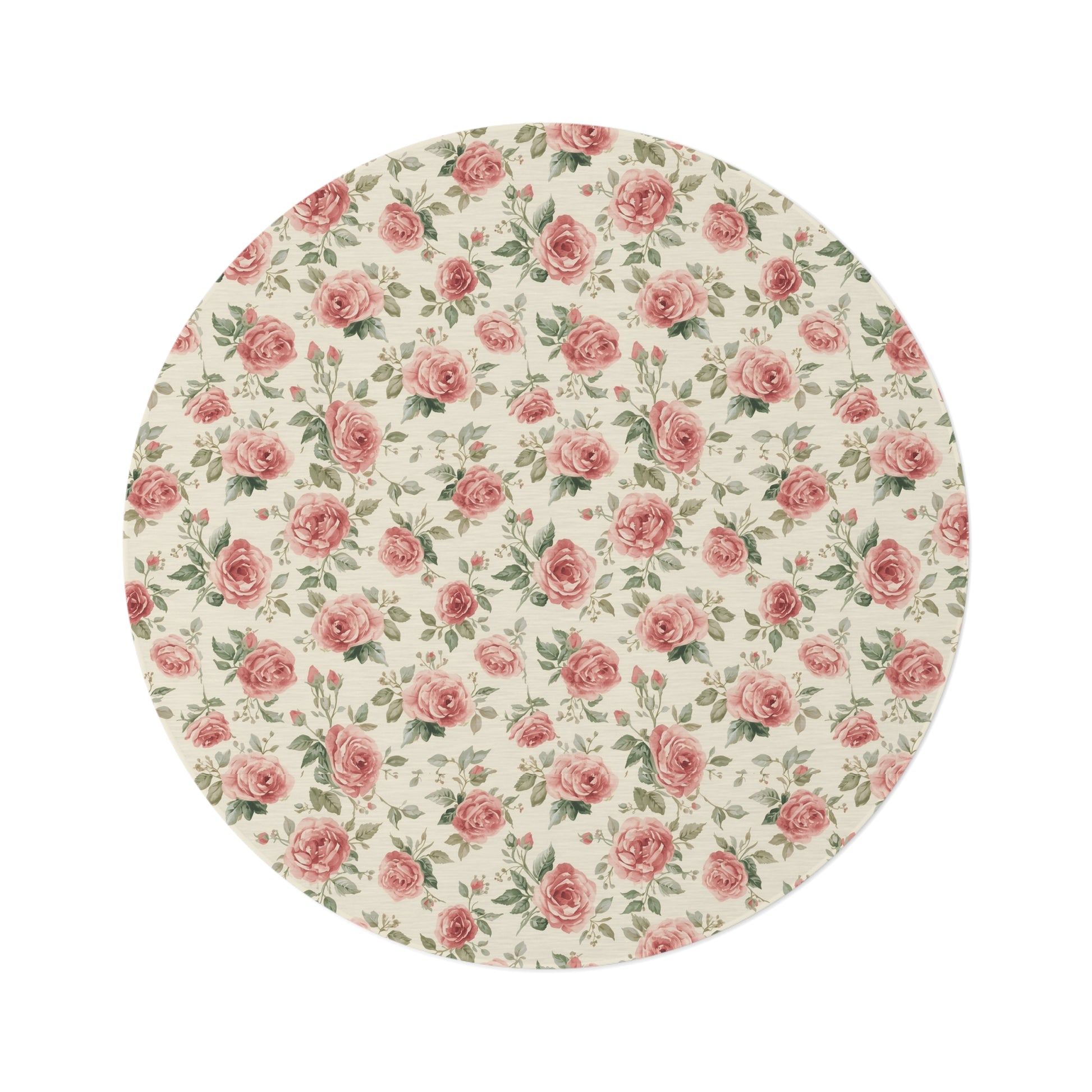 Heirloom Roses round nursery rug on a baby room floor