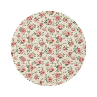 Heirloom Roses round nursery rug on a baby room floor