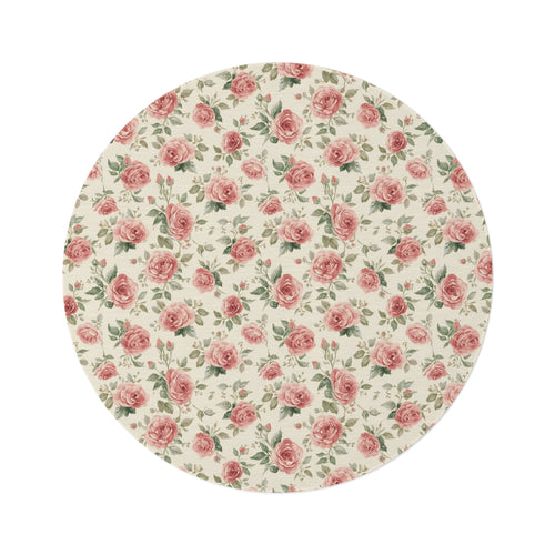 Heirloom Roses round nursery rug on a baby room floor