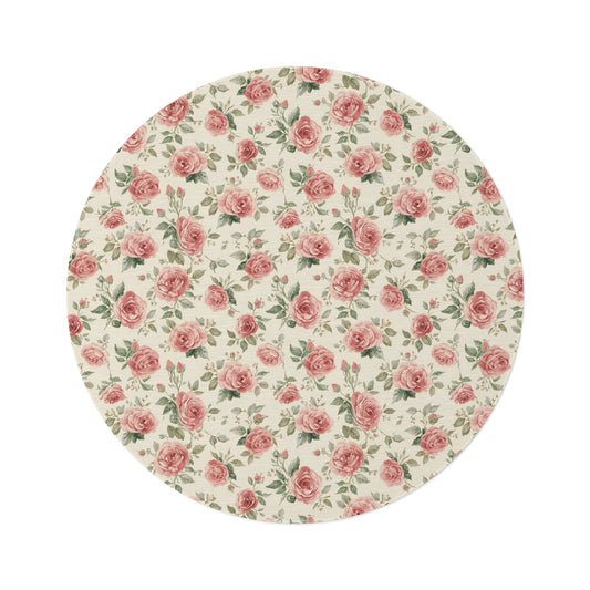 Heirloom Roses round nursery rug on a baby room floor