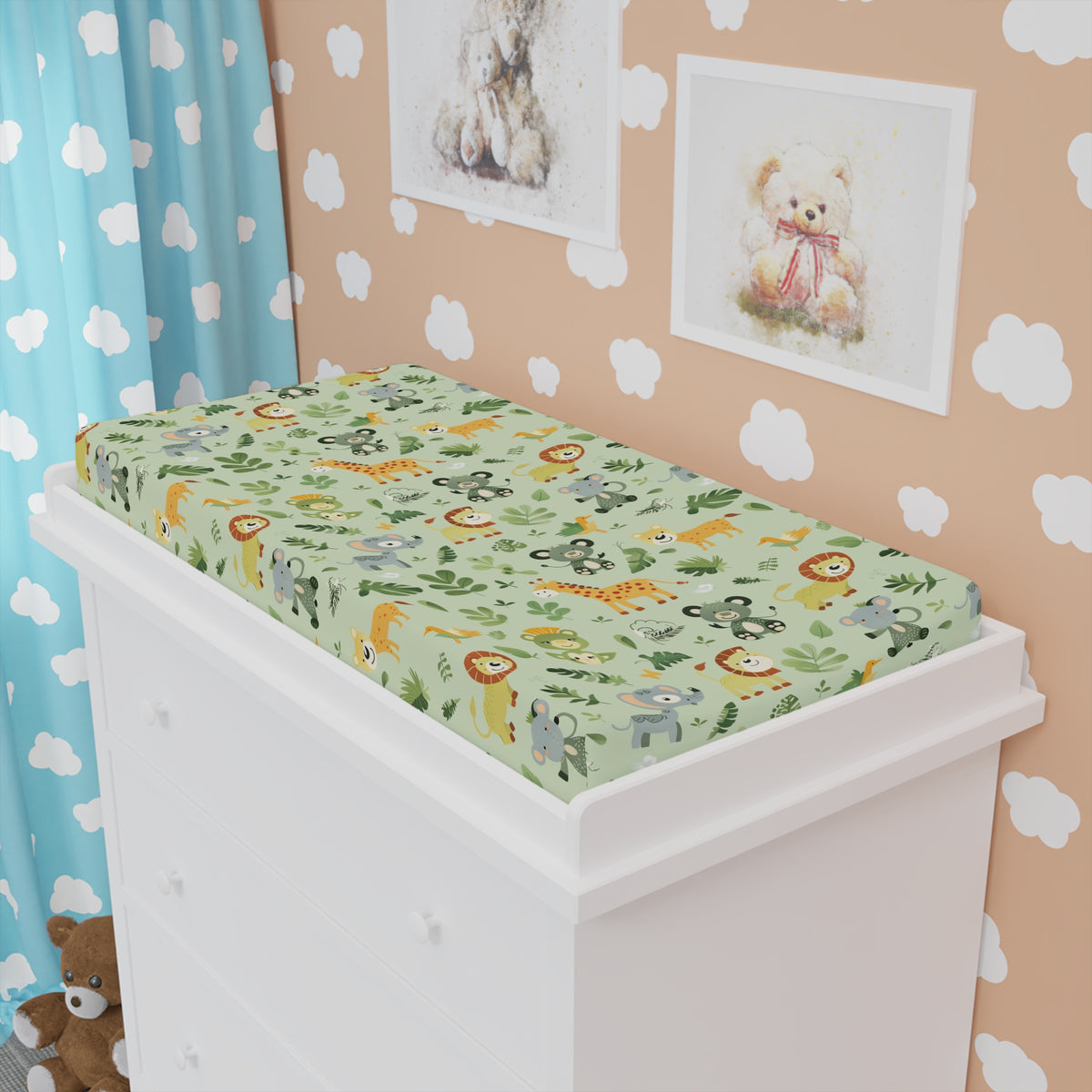 Jungle changing pad cover styled in a gender neutral nursery