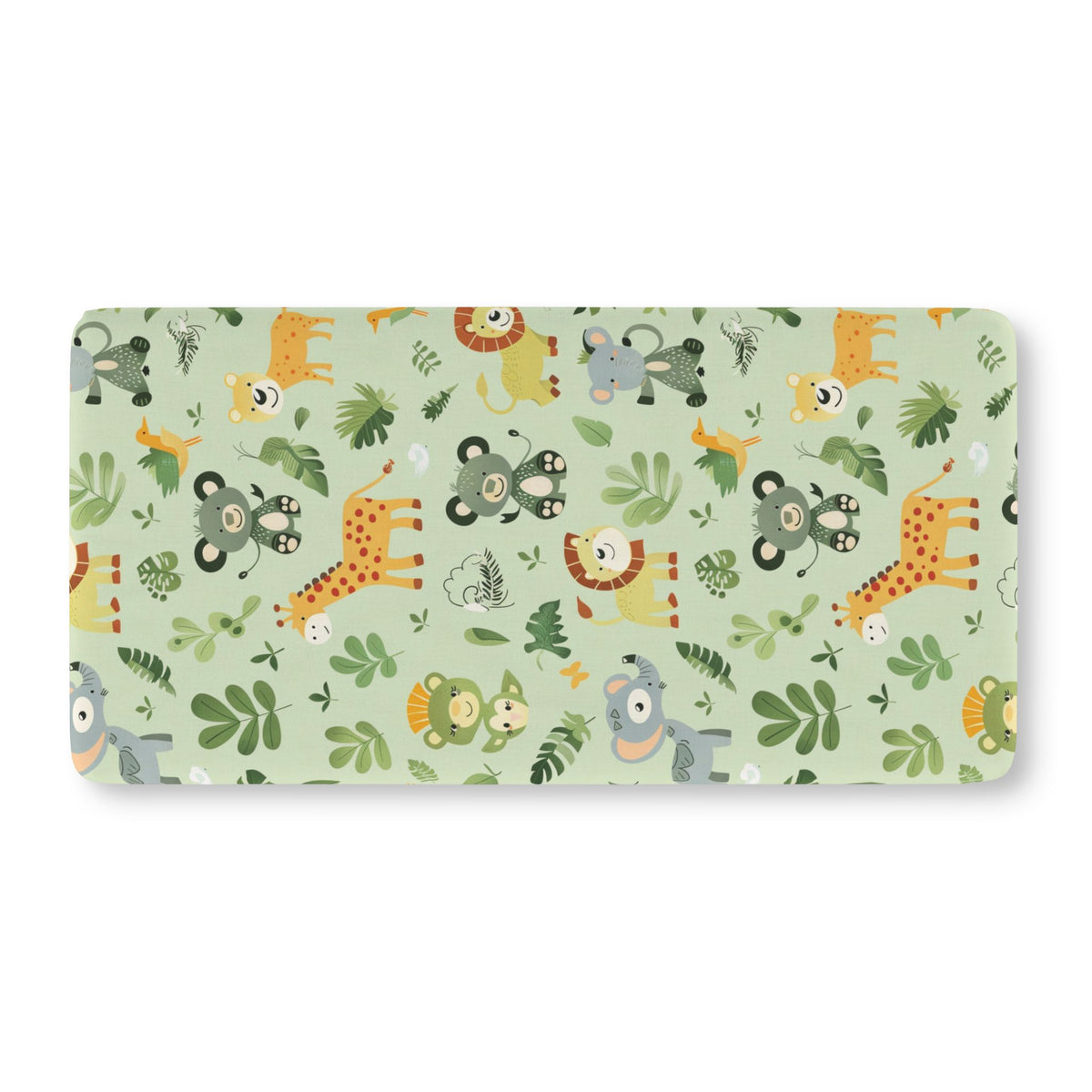 Sage green jungle crib sheet showing the fitted elasticated corner