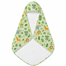 Jungle Friends hooded baby towel wrapped around a baby