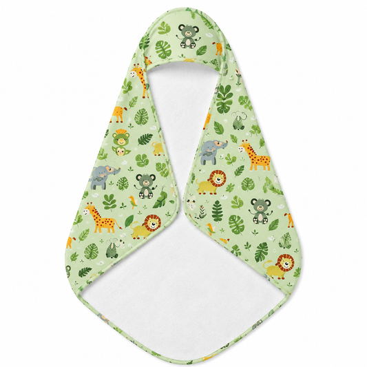 Jungle Friends hooded baby towel wrapped around a baby