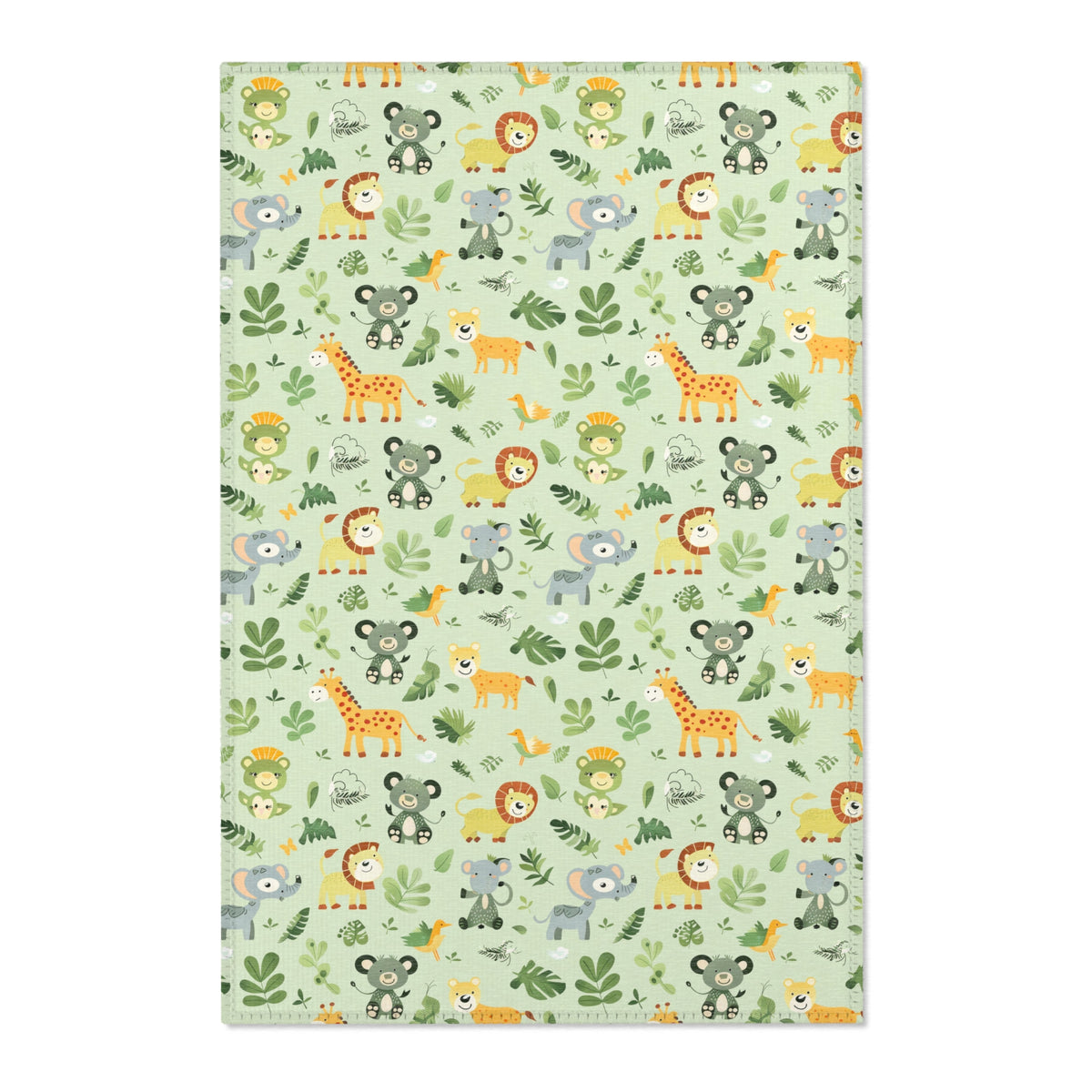 Jungle animal nursery area rug in a sage green baby room
