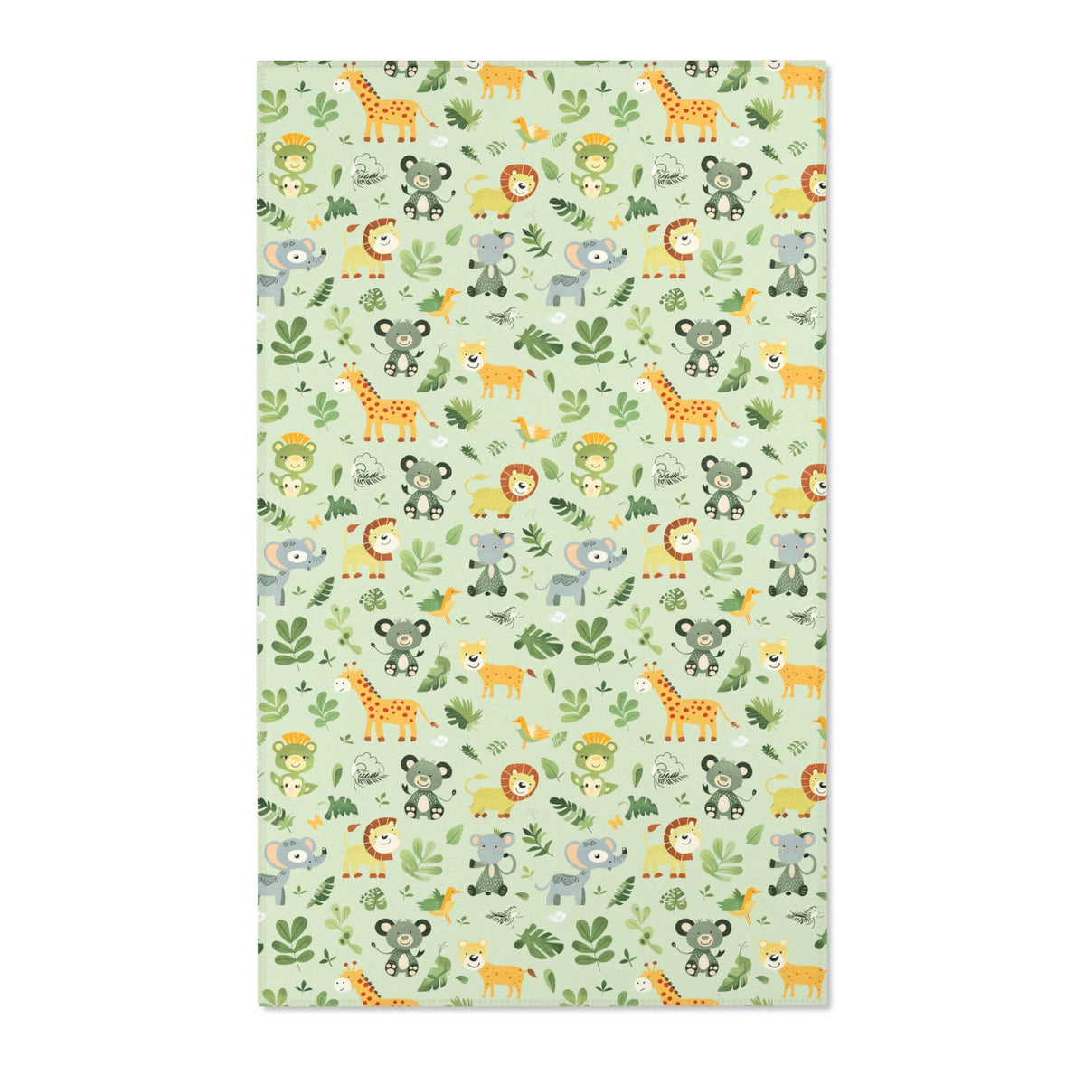 Rectangular jungle animal nursery rug shown from above