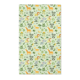 Rectangular jungle animal nursery rug shown from above