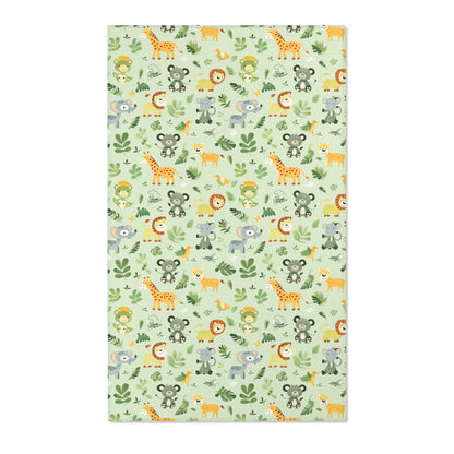 Rectangular jungle animal nursery rug shown from above