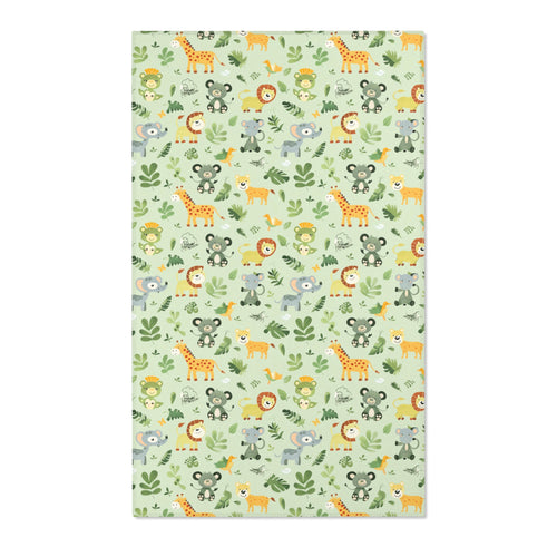 Rectangular jungle animal nursery rug shown from above