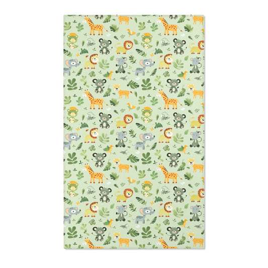 Rectangular jungle animal nursery rug shown from above