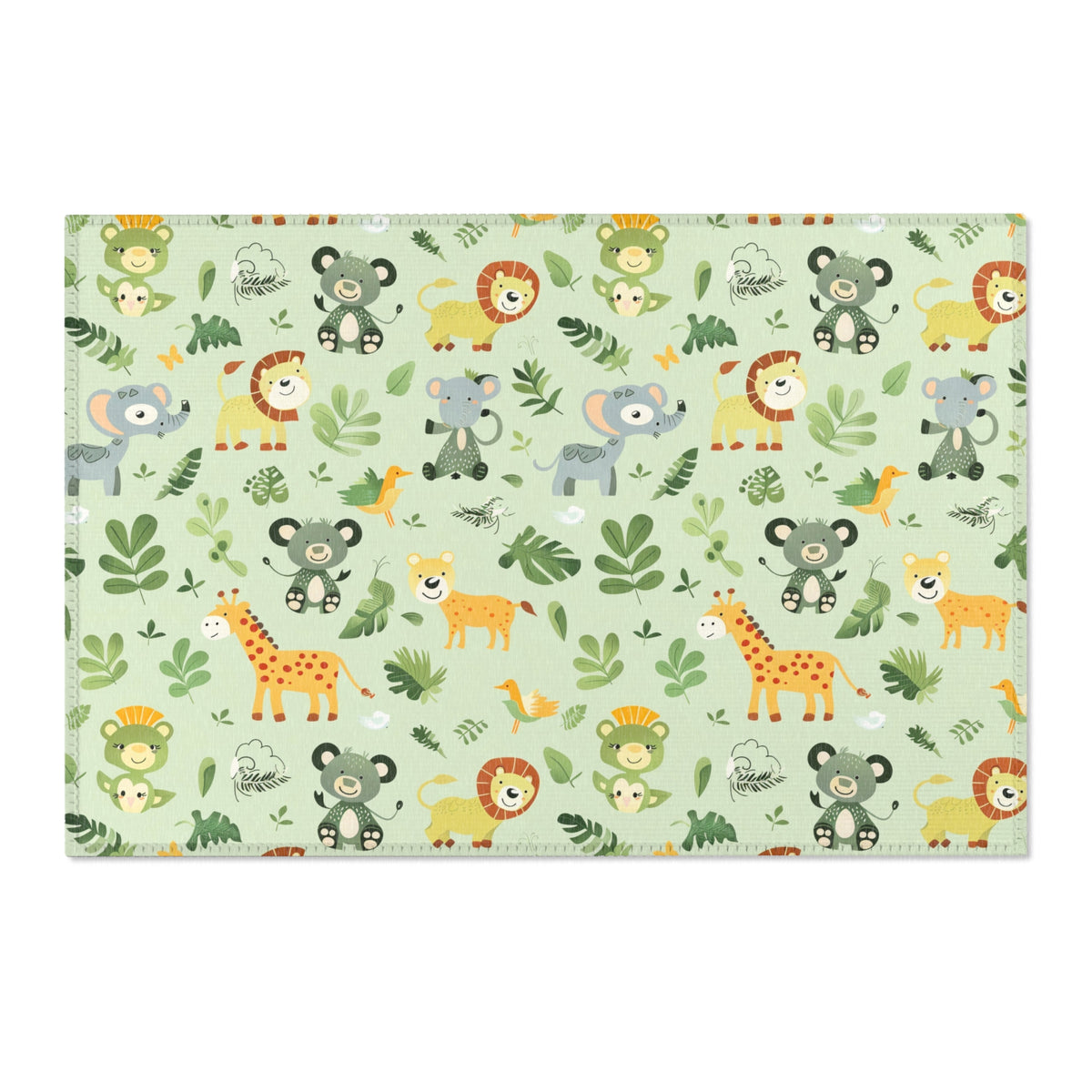 Washable jungle animal area rug under a nursery crib