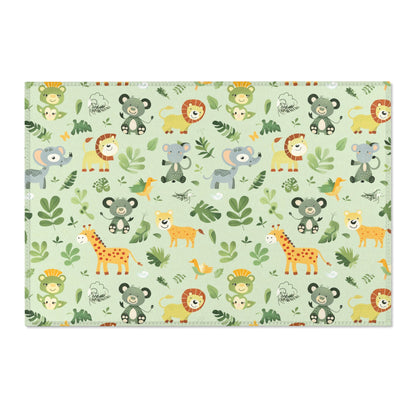 Washable jungle animal area rug under a nursery crib