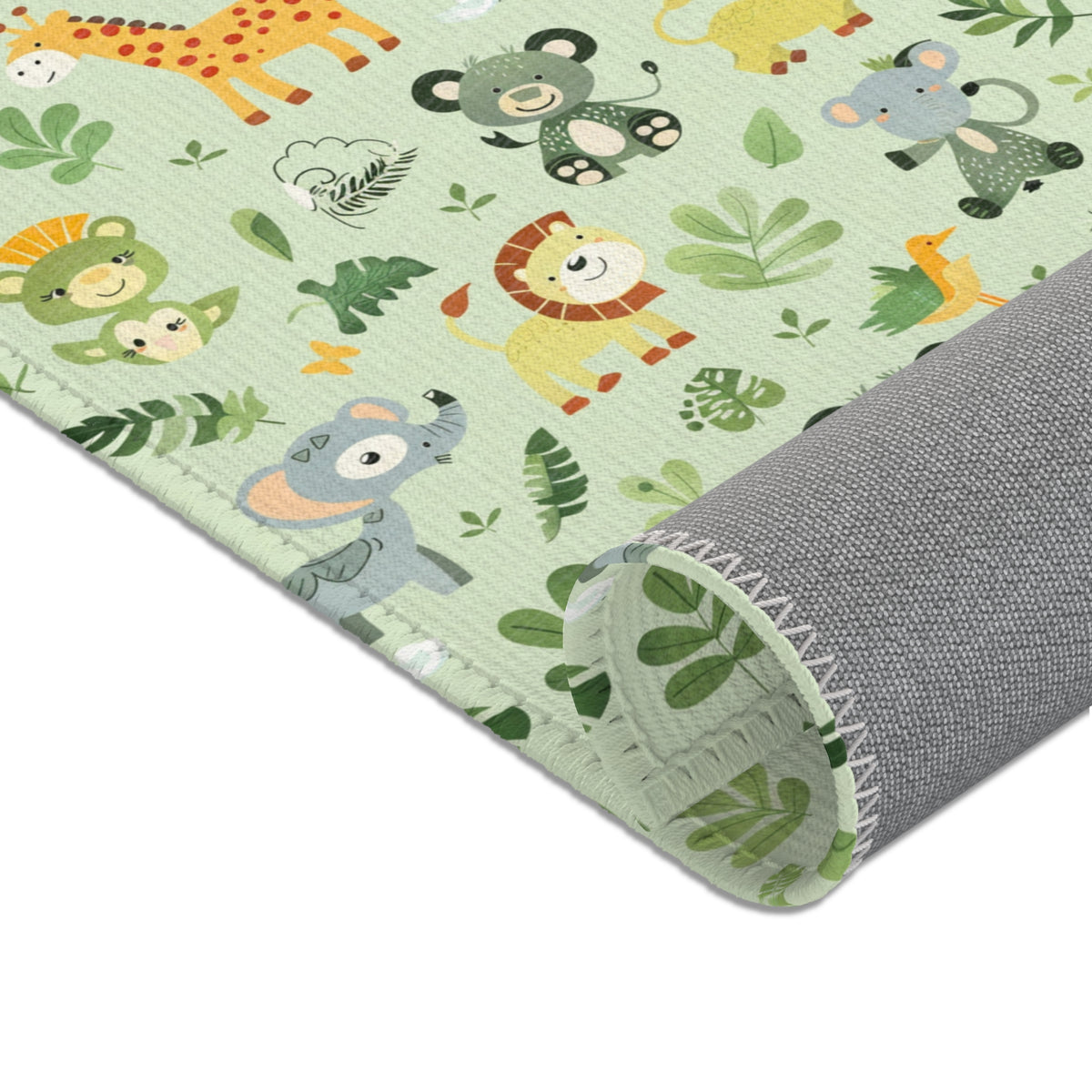 Sage green jungle nursery rug shown at full size