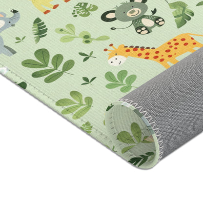 Jungle print baby room rug in a styled nursery