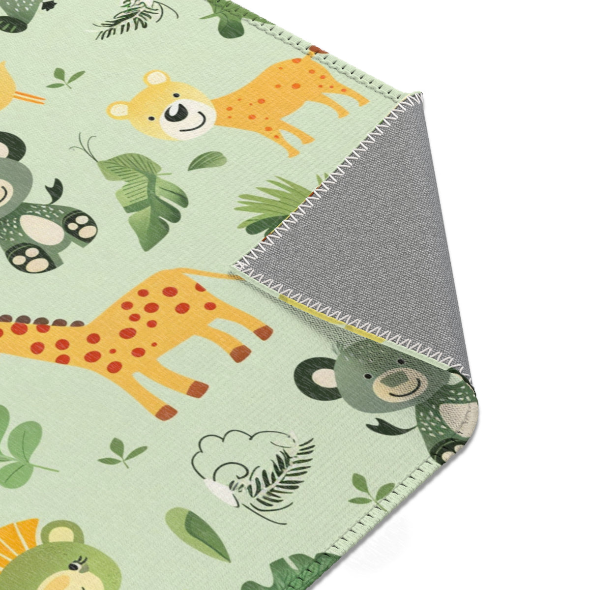 Sage green jungle rug on a light wood floor