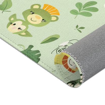 Jungle animal area rug in a small baby room