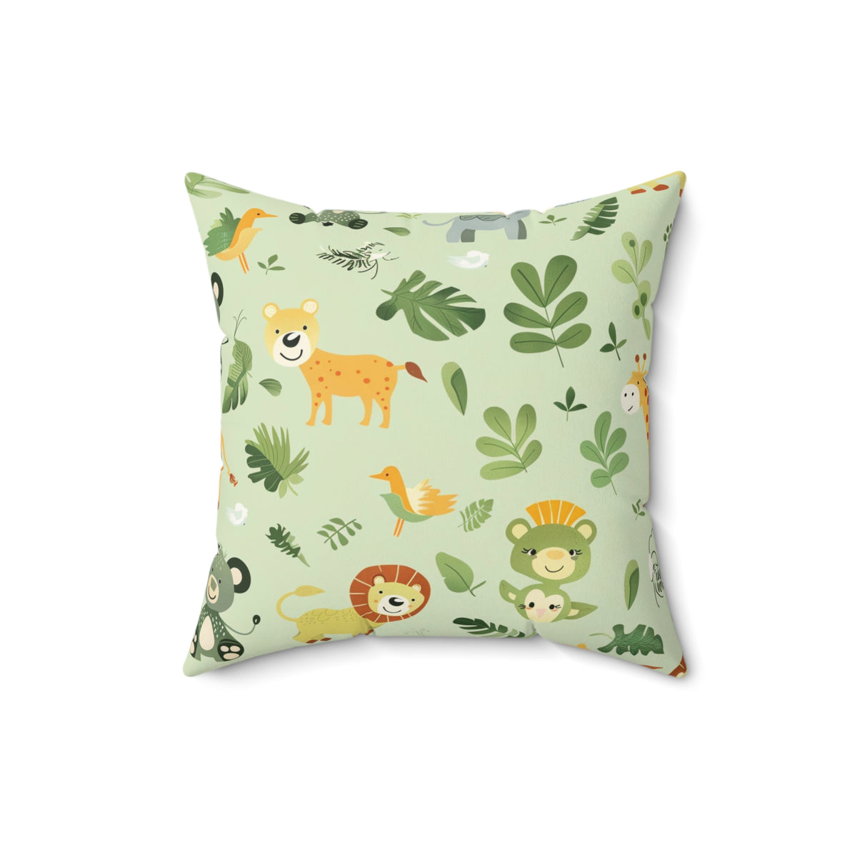 Jungle animal cushion shown against a neutral nursery wall