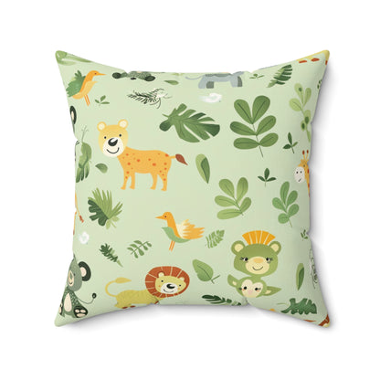 Jungle print nursery pillow in a reading corner