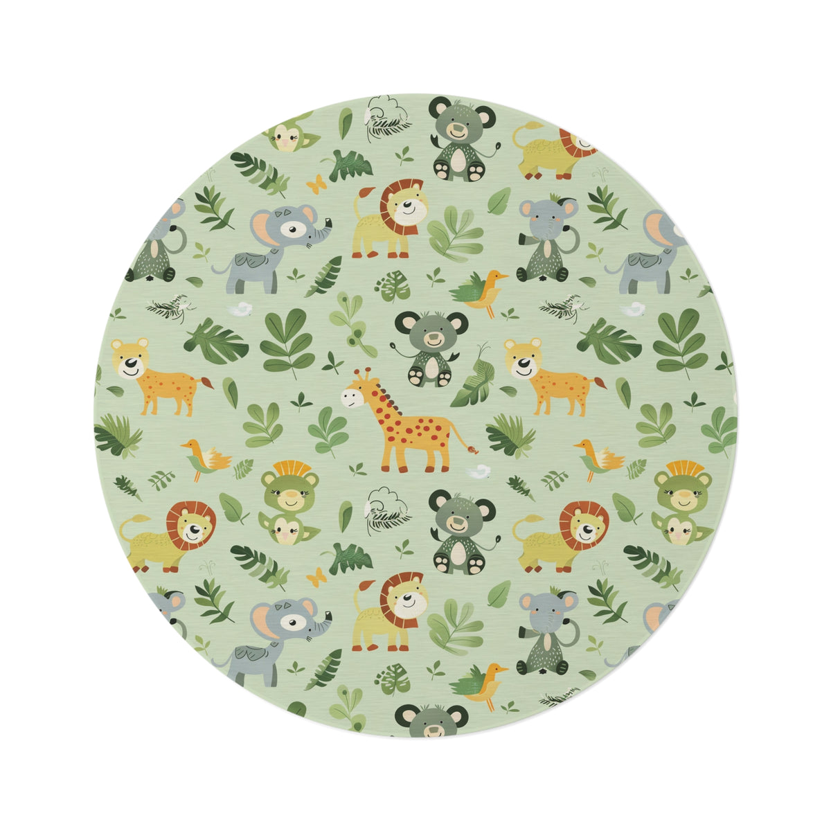 Jungle animal round nursery rug on a baby room floor