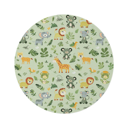 Jungle animal round nursery rug on a baby room floor