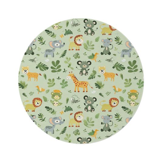 Jungle animal round nursery rug on a baby room floor