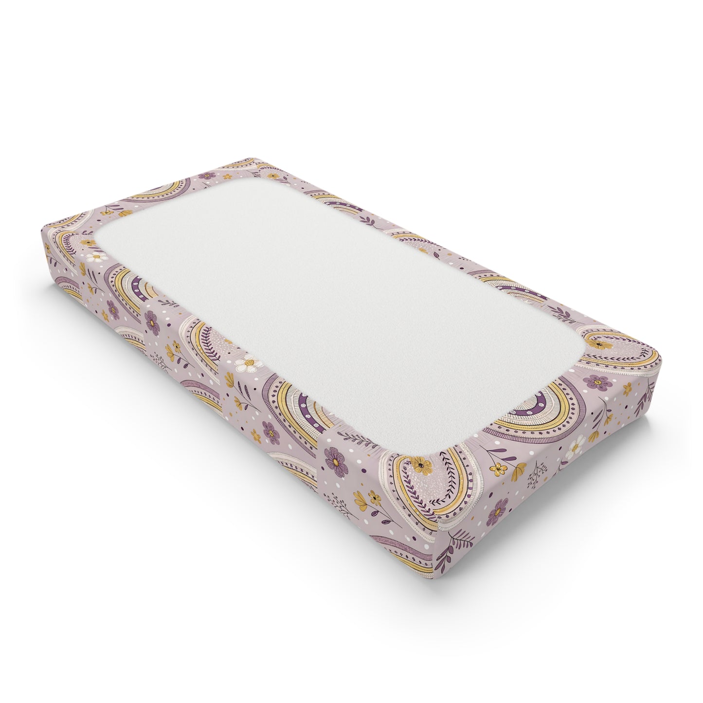Changing pad cover with banded arches and purple wildflowers