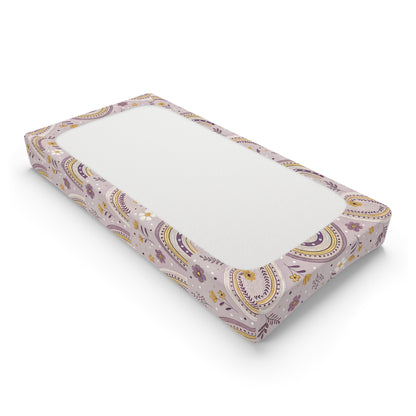 Changing pad cover with banded arches and purple wildflowers