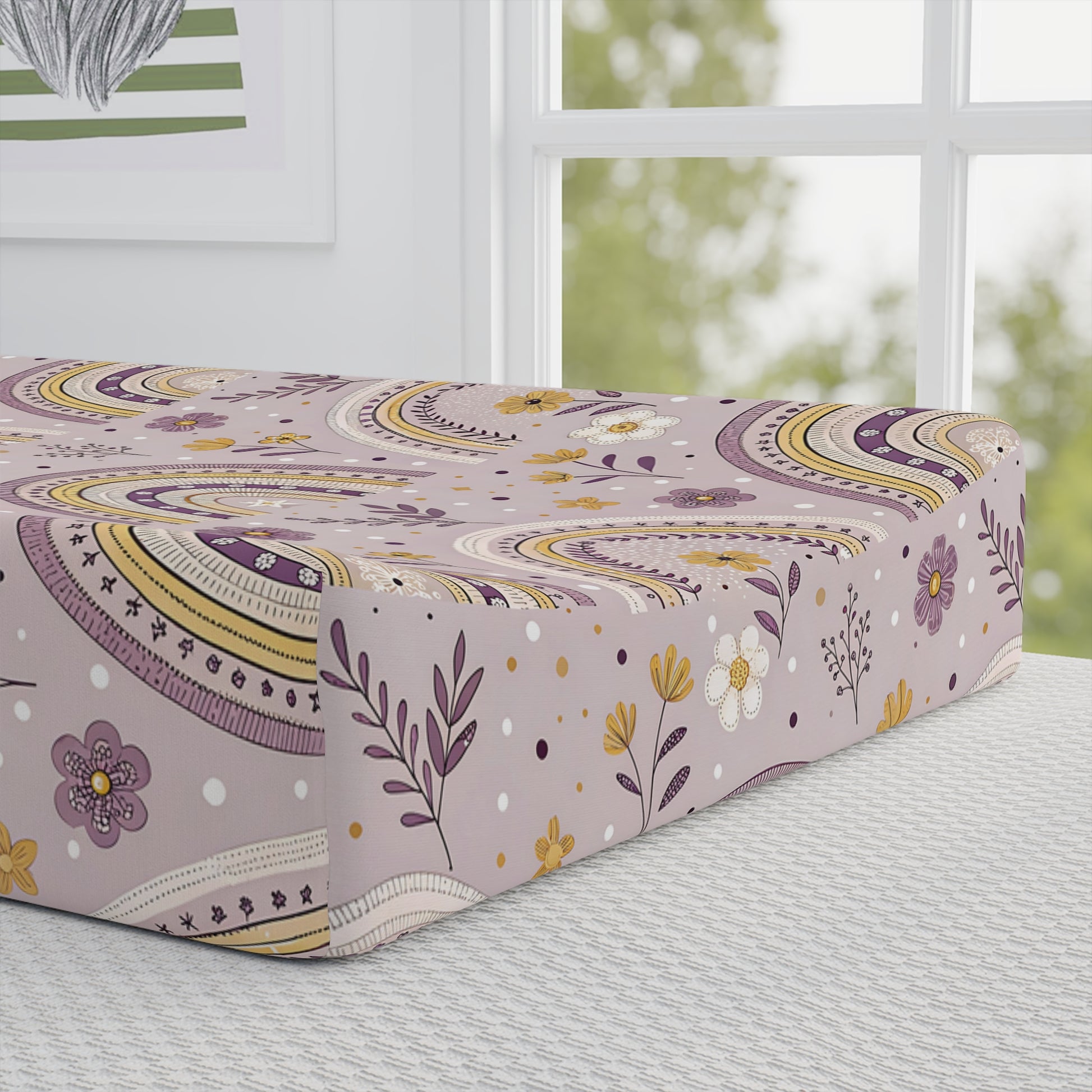 Close detail of the Lilac Meadow Arches print on the changing pad cover