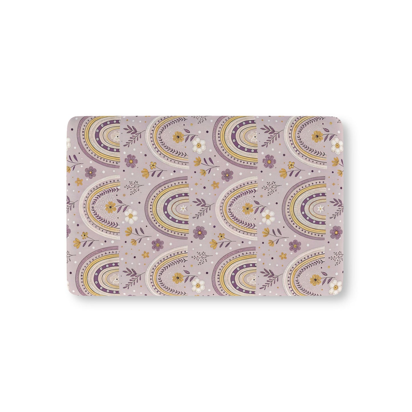 Lilac Meadow Arches fitted crib sheet on a nursery crib mattress