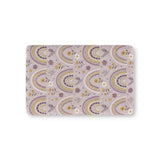 Lilac Meadow Arches fitted crib sheet on a nursery crib mattress