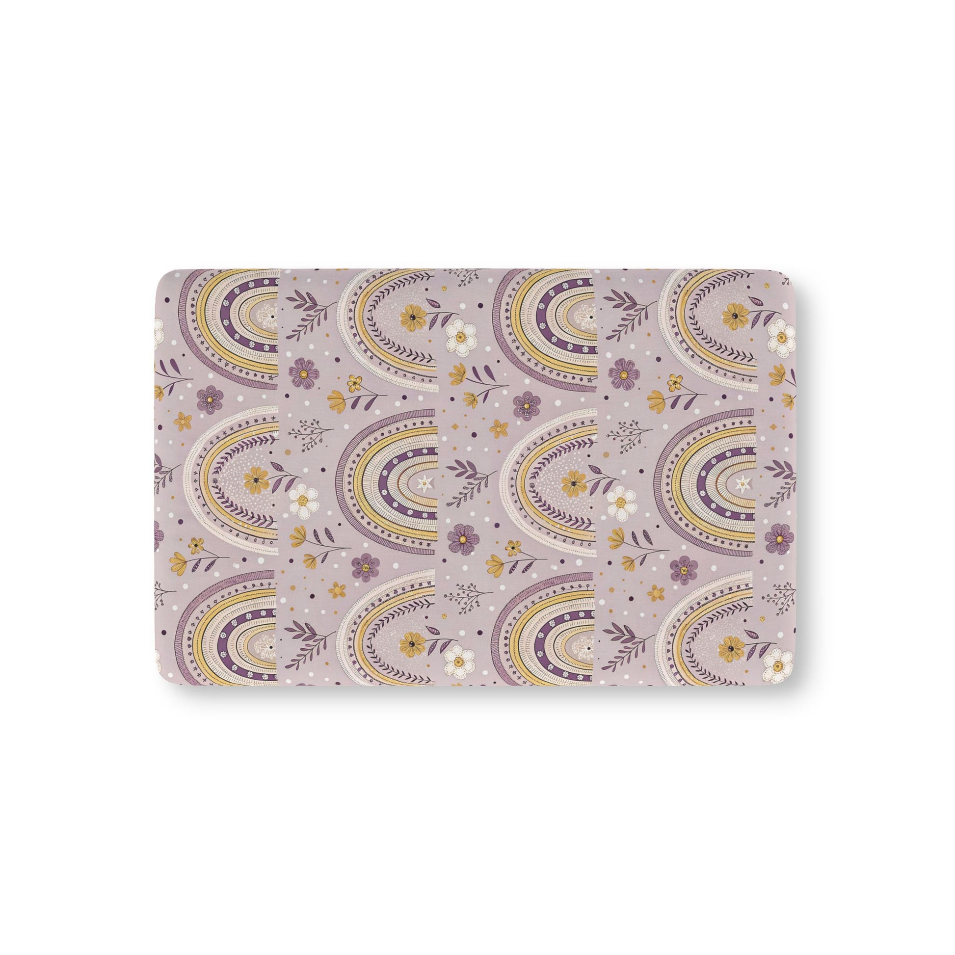 Lilac Meadow Arches fitted crib sheet on a nursery crib mattress