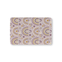 Lilac Meadow Arches fitted crib sheet on a nursery crib mattress