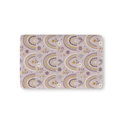 Lilac Meadow Arches fitted crib sheet on a nursery crib mattress