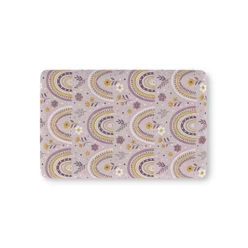 Lilac Meadow Arches fitted crib sheet on a nursery crib mattress