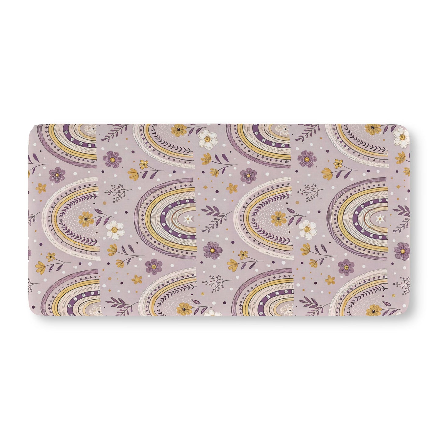 Fitted crib sheet with plum arches and wildflowers on lilac